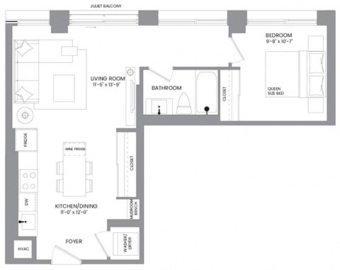 Floor plan for 1 bed, 1 bath, 641 sqft